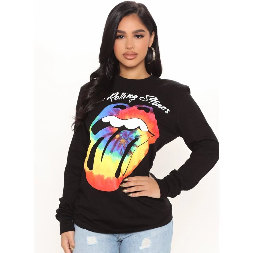 Fashion Nova Rolling Stones Tie Dye Graphic Long Sleeve Boyfriend Tee Top Sz S - Picture 6 of 8